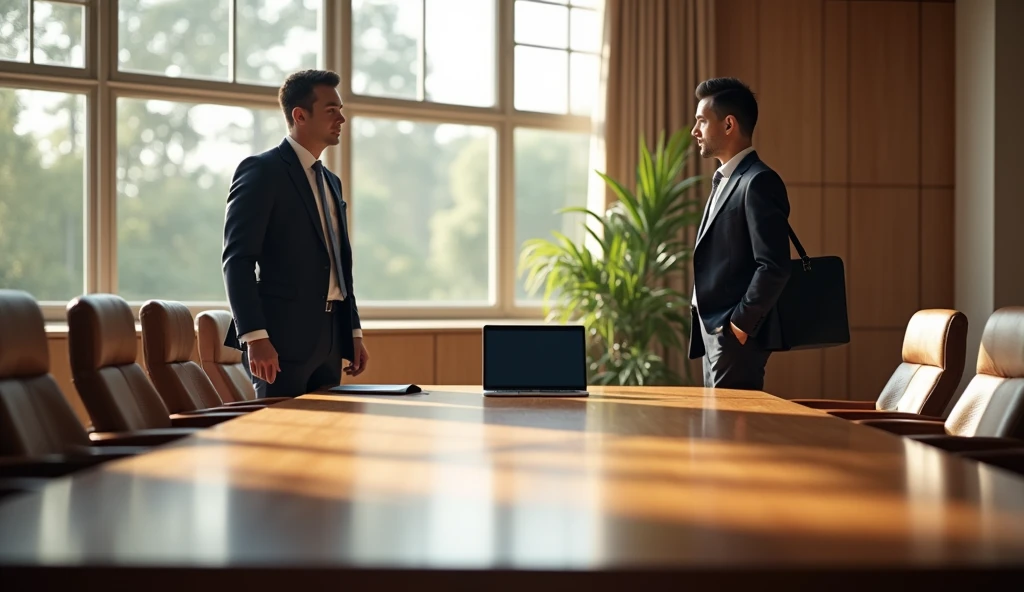 a business meeting in an office, 1 businessmen, 2 businessmen, formal suit, briefcase, laptop, conference table, high-quality interior, large windows, sunlight, warm lighting, minimalist decor, wood furniture, (best quality, 4k, 8k, highres, masterpiece:1.2),ultra-detailed,(realistic, photorealistic, photo-realistic:1.37),professional photography, studio lighting, sharp focus, cinematic composition