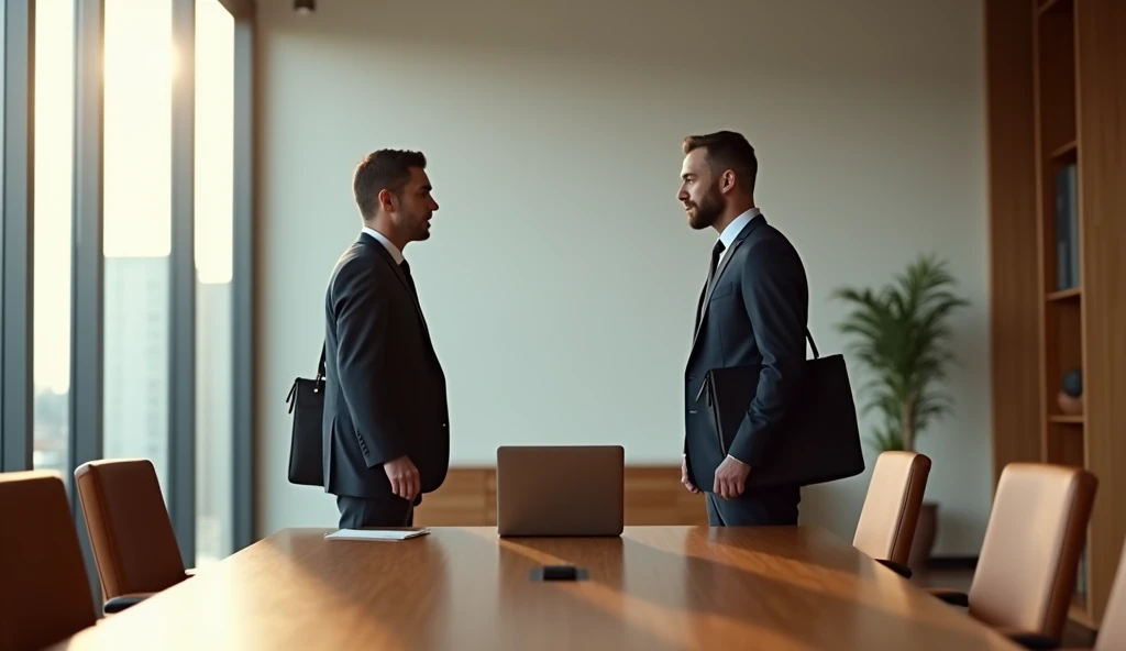 a business meeting in an office, 1 businessmen, 2 businessmen, formal suit, briefcase, laptop, conference table, high-quality interior, large windows, sunlight, warm lighting, minimalist decor, wood furniture, (best quality, 4k, 8k, highres, masterpiece:1.2),ultra-detailed,(realistic, photorealistic, photo-realistic:1.37),professional photography, studio lighting, sharp focus, cinematic composition