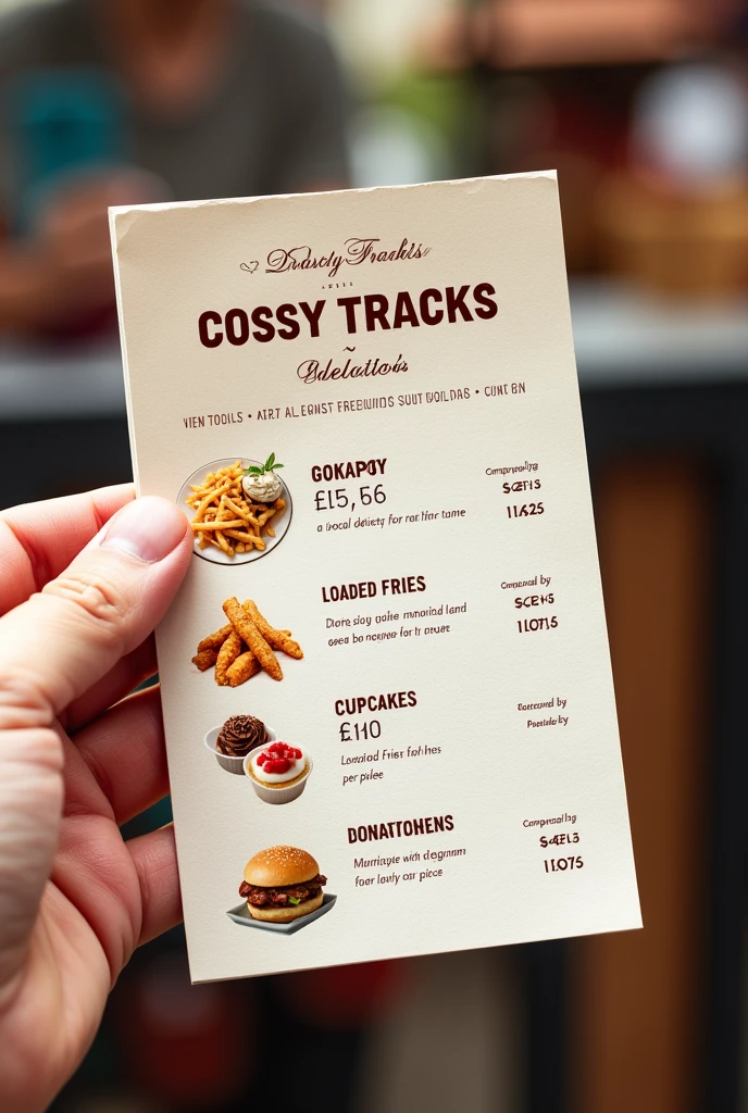 Make menue card
Golgapy 150 only six
Loaded fries 100 rupees per plate
Cupcake 100 rupees one piece
Donate 100 rupees one piece
Stall name tasty tracks