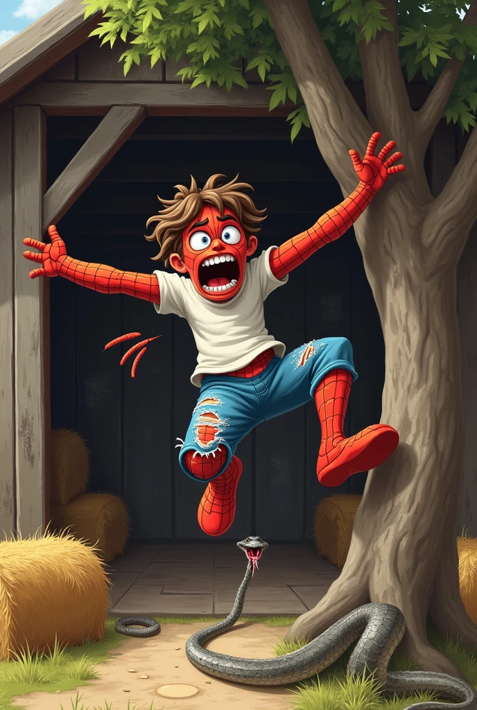 Image of a hilarious scene of a Spiderman with messy hair, screaming in fear when he falls from a tree, wearing a t-shirt and shorts. A snake, strangely out of place, bit and tore his bottom pants viciously, while the spiderman's face showed exaggerated shock. The rustic barn in the background is detailed with old wood and hay bales, creating a cute contrast, a dynamic action shot, cartoonish expressions