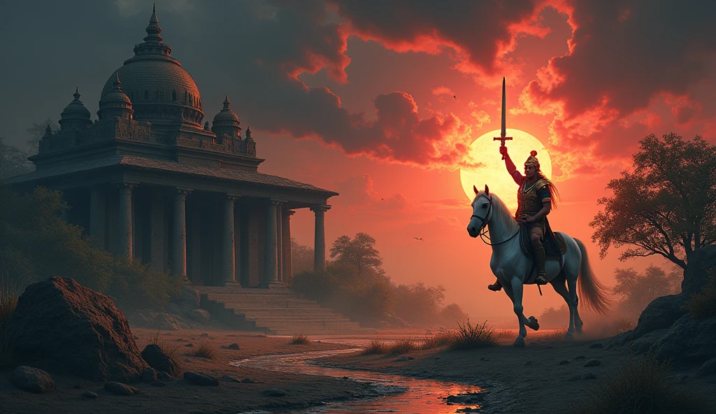 "A striking, realistic-style thumbnail image depicting the end of the Kali Yuga. The scene shows a dark, ominous sky with thunderous clouds and a setting blood-red sun on the horizon, symbolizing the last day of Kali Yuga. In the foreground, a ruined temple, partially covered with overgrown vines, represents the decay of spirituality. The barren landscape features cracked earth and dry rivers, signifying the destruction of natural resources.At the center of the image stands Lord Kalki, a majestic figure riding a white horse. He is depicted with a shining sword raised high, symbolizing the end of the dark age and the coming of a new era. His armor gleams with divine light, contrasting with the dark, desolate surroundings.The text 'The Last Day of Kali Yuga' appears in bold, ancient script, slightly weathered, and glowing faintly, adding a mystical and foreboding touch to the image."