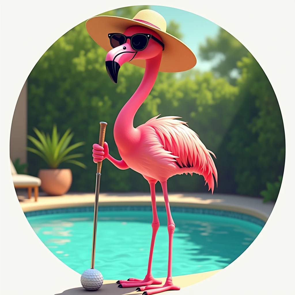 A standing flamingo wearing sunglasses, hat and a golf club, Fun and relaxed, the flamingo is standing in a pool, Image inside a circle, Whole body