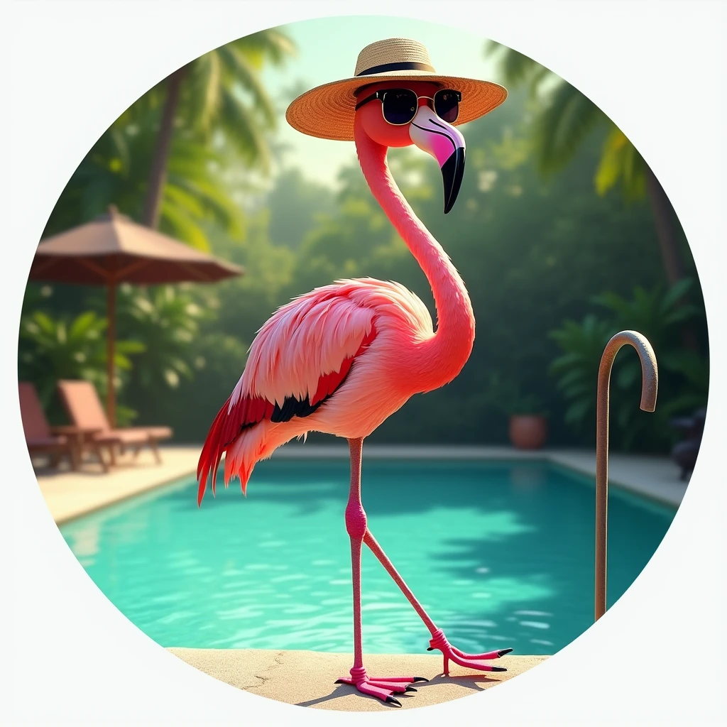 A standing flamingo wearing sunglasses, hat and a golf club, Fun and relaxed, the flamingo is standing in a pool, Image inside a circle, Whole body