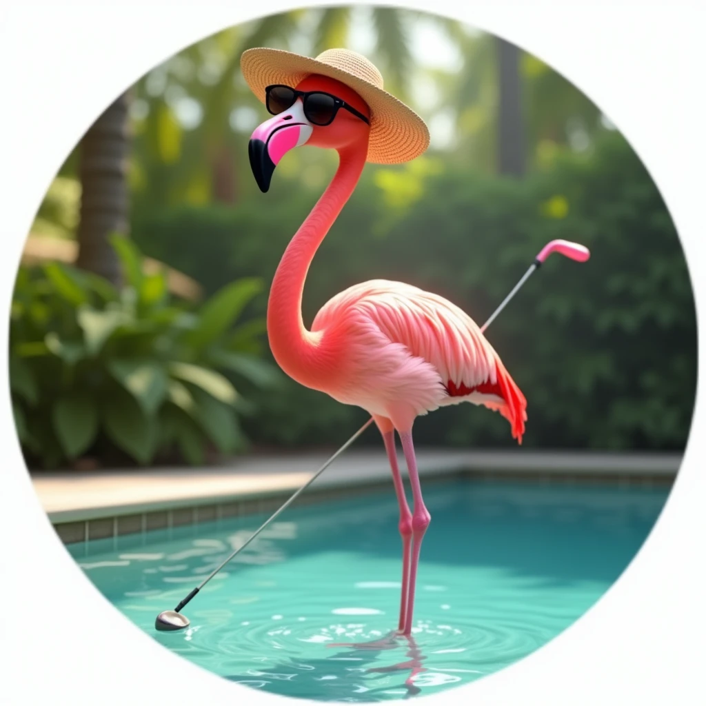 A standing flamingo wearing sunglasses, hat and a golf club, Fun and relaxed, the flamingo is standing in a pool, Image inside a circle, Whole body