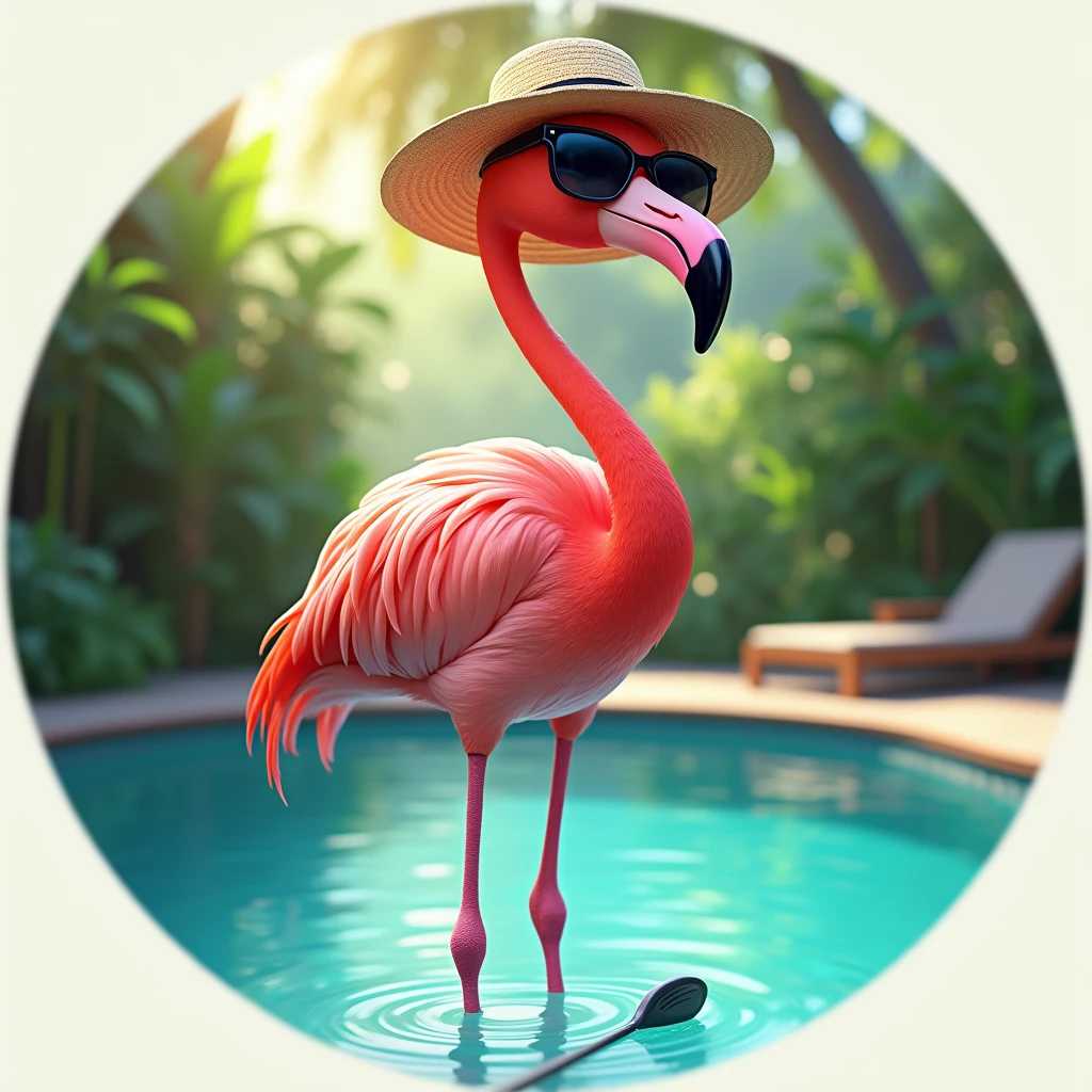 A standing flamingo wearing sunglasses, hat and a golf club, Fun and relaxed, the flamingo is standing in a pool, Image inside a circle, Whole body