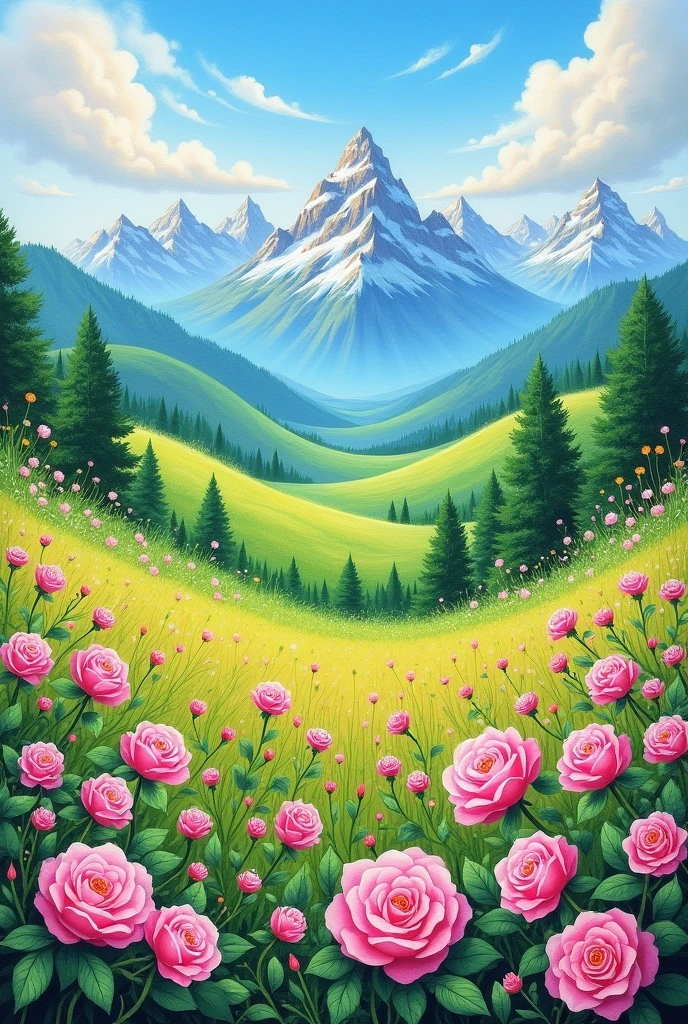 A colorful landscape drawing with lots of small pink roses