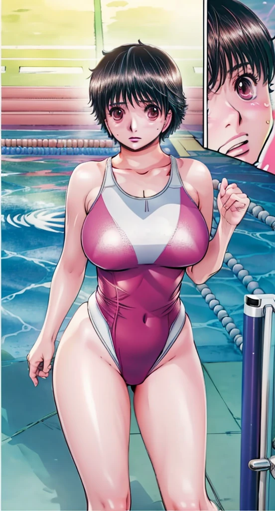 A beautiful woman with short hair, big breasts, and beautiful legs is standing by the pool in a bright pink high-cut swimsuit with the arena logo and lettering, with her legs spread to the sides and blushing, facing the viewer.。