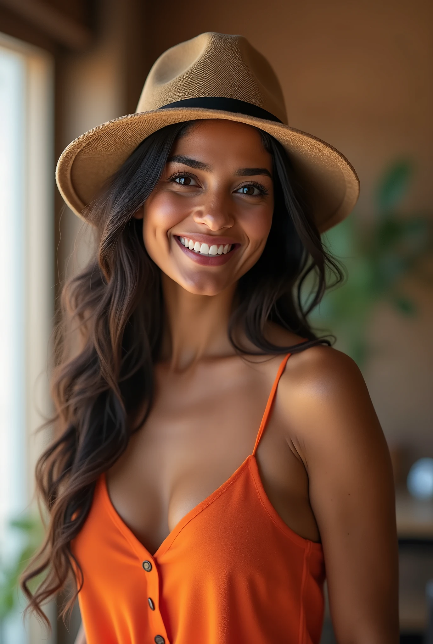 There is a young, Beautiful indian woman, who looks to the future like Katrina Kaif. Smiles into the camera, beautiful teeth. She stands there and looks into the camera, a portrait from raw photo, modern hat, full body