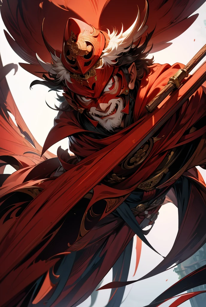 Stick-like nose。Tengu,He has a bright red mask on his face.。High resolution,8k、The background is Mt、masterpiece、He is an attractive male god.。