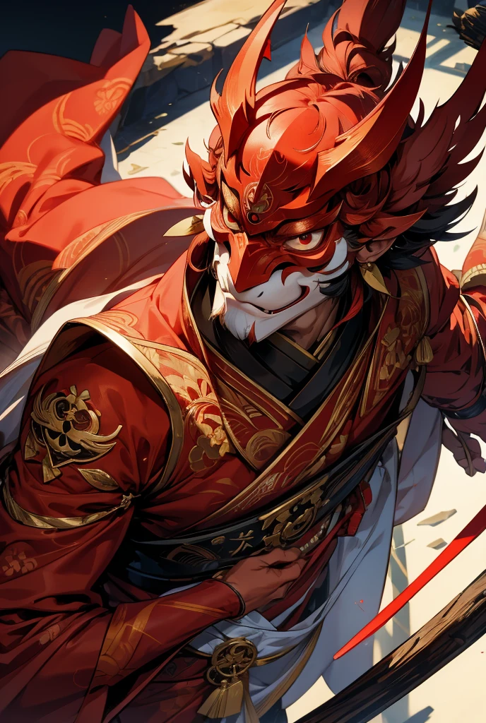 Stick-like nose。Tengu，He has a bright red mask on his face.。High resolution，8k、The background is Mt、masterpiece、He is an attractive male god.。