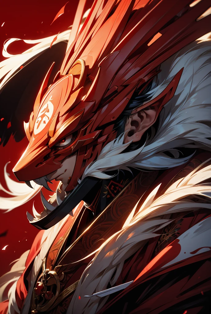 Stick-like nose。Tengu，He has a bright red mask on his face.。High resolution，8k、The background is Mt、masterpiece、He is an attractive male god.。