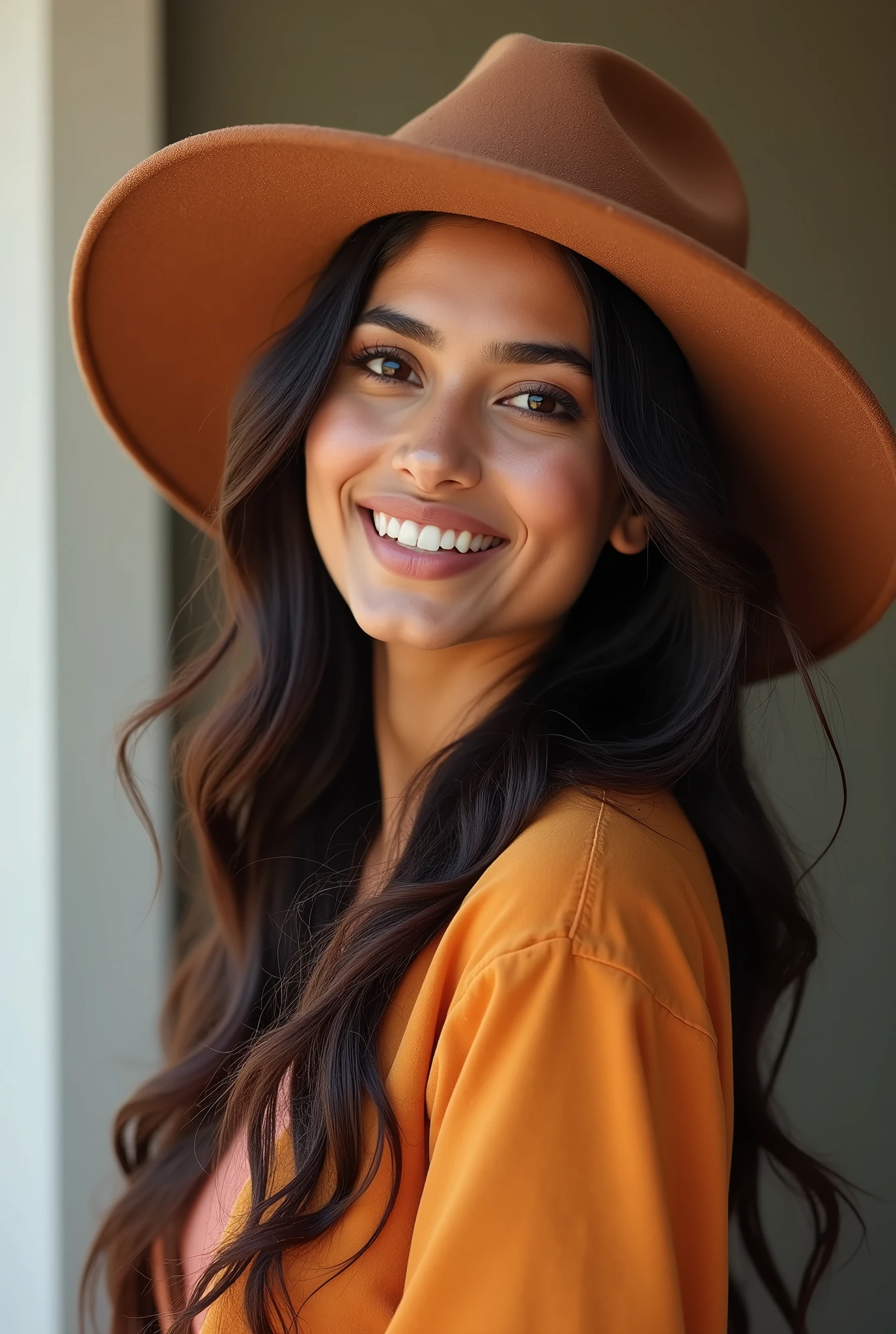 There is a young, Beautiful indian woman, who looks to the future like Katrina Kaif. Smiles into the camera, beautiful teeth. She stands there and looks into the camera, a portrait from raw photo, modern hat, full body