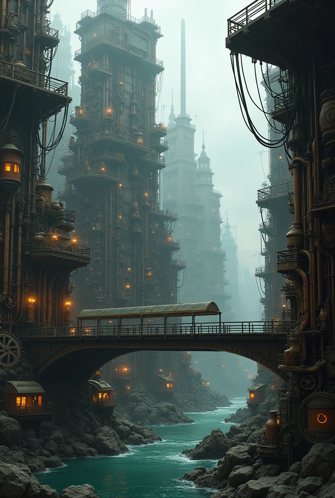 (((steampunk))), city, (((overcrowded buildings))), exposed gears and pipes, (((muffled light))), flooded land, ((gears)), ((thick pipes)), covered bridge, Bottom-up perspective, reflecting the height of the building, dark weather, chimneymechanical devices))), ((chess wires)), crowded city, non-standard buildings
