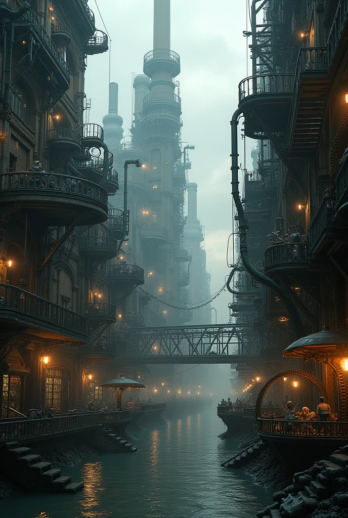 (((steampunk))), city, (((overcrowded buildings))), exposed gears and pipes, (((muffled light))), flooded land, ((gears)), ((thick pipes)), covered bridge, Bottom-up perspective, reflecting the height of the building, dark weather, chimneymechanical devices))), ((chess wires)), crowded city, non-standard buildings
