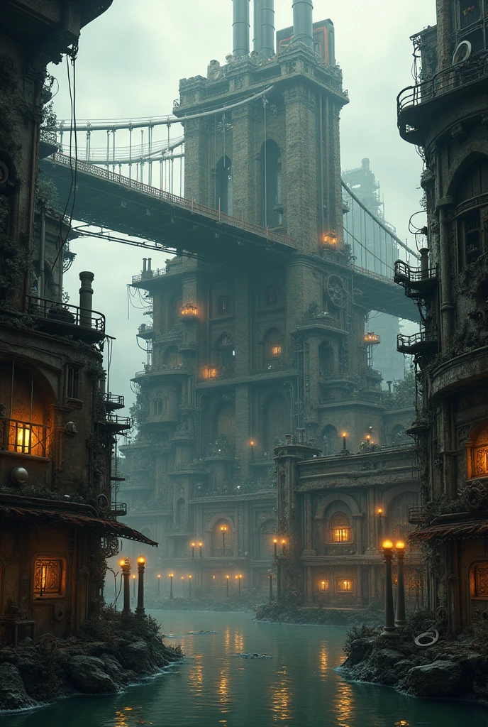(((steampunk))), city, (((overcrowded buildings))), exposed gears and pipes, (((muffled light))), flooded land, ((gears)), ((thick pipes)), covered bridge, Bottom-up perspective, reflecting the height of the building, dark weather, chimneymechanical devices))), ((chess wires)), crowded city, non-standard buildings