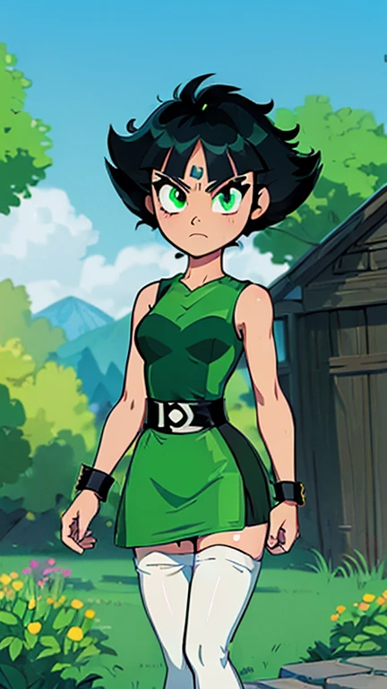 (1girl, (Buttercup:1.0), (extremely detailed CG unit 8k wallpaper),(master part), (best quality), (ultra detail), (best illustration),(Teen Titans GO style), cowboy shot, (Sharp eyeliner, ombre, detailed eyes:1), garden, outdoors ,GHIBLI_Background, break , upper body,(black hair, green eyes, short hair, messy hair), (dress, green sleeveless dress, simple black belt, white thighhighs:1.5), (solo, one person, one subject:1.5), standing 