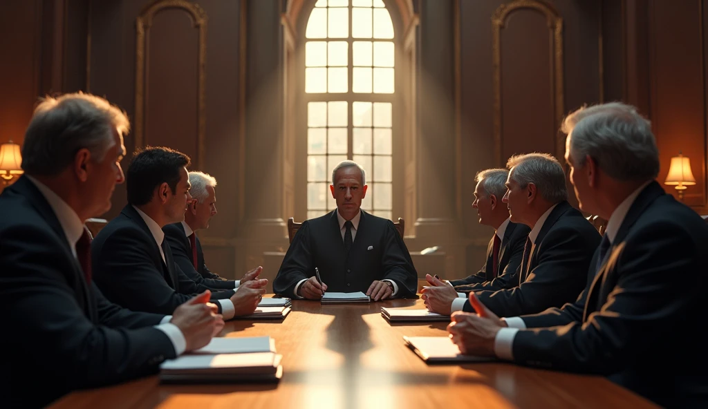 a group of judges in a meeting room, detailed faces, formal attire, serious expressions, wooden table, leather chairs, high ceiling, large windows, warm lighting, photorealistic, 8k, hyper detailed, cinematic lighting, dramatic shadows, muted color palette