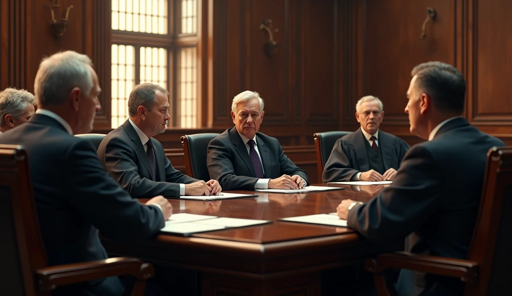 a group of judges in a meeting room, detailed faces, formal attire, serious expressions, wooden table, leather chairs, high ceiling, large windows, warm lighting, photorealistic, 8k, hyper detailed, cinematic lighting, dramatic shadows, muted color palette