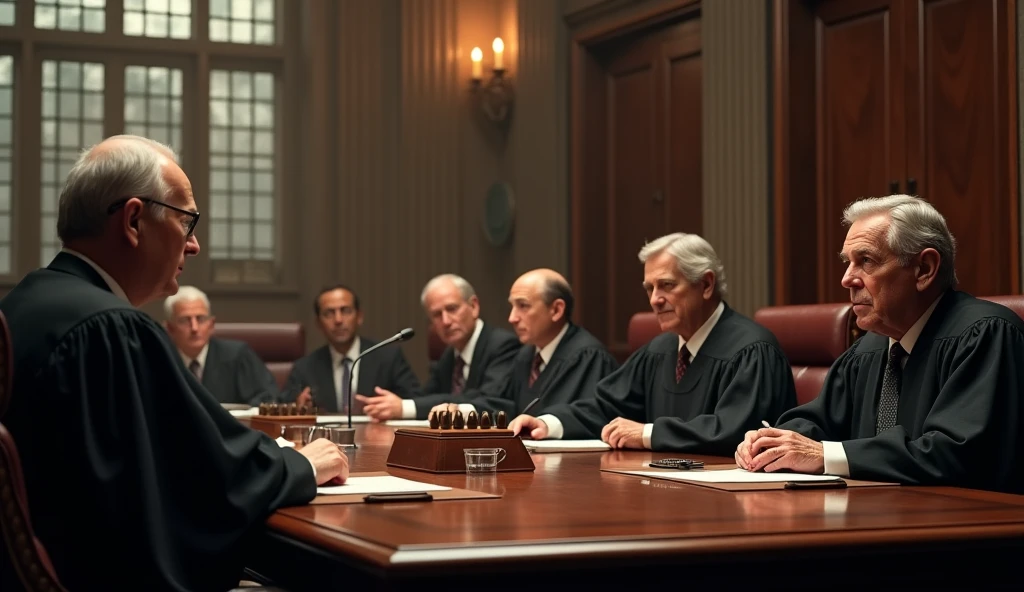 a group of judges in a meeting room, detailed faces, formal attire, serious expressions, wooden table, leather chairs, high ceiling, large windows, warm lighting, photorealistic, 8k, hyper detailed, cinematic lighting, dramatic shadows, muted color palette