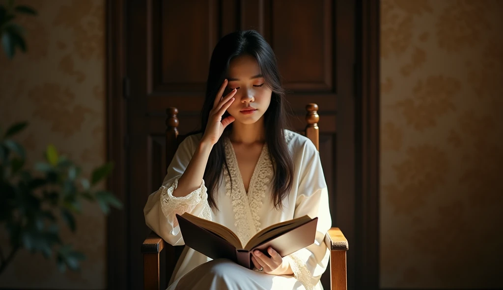 Cinematic, center view. A young woman with long dark hair, wearing a white robe with lace trim, sitting on a wooden chair. She is holding a story book while rubbing her left eye. The scene is set in a warm dimly lit room with a closed door in the background, creating a soft contrast of light and shadow.