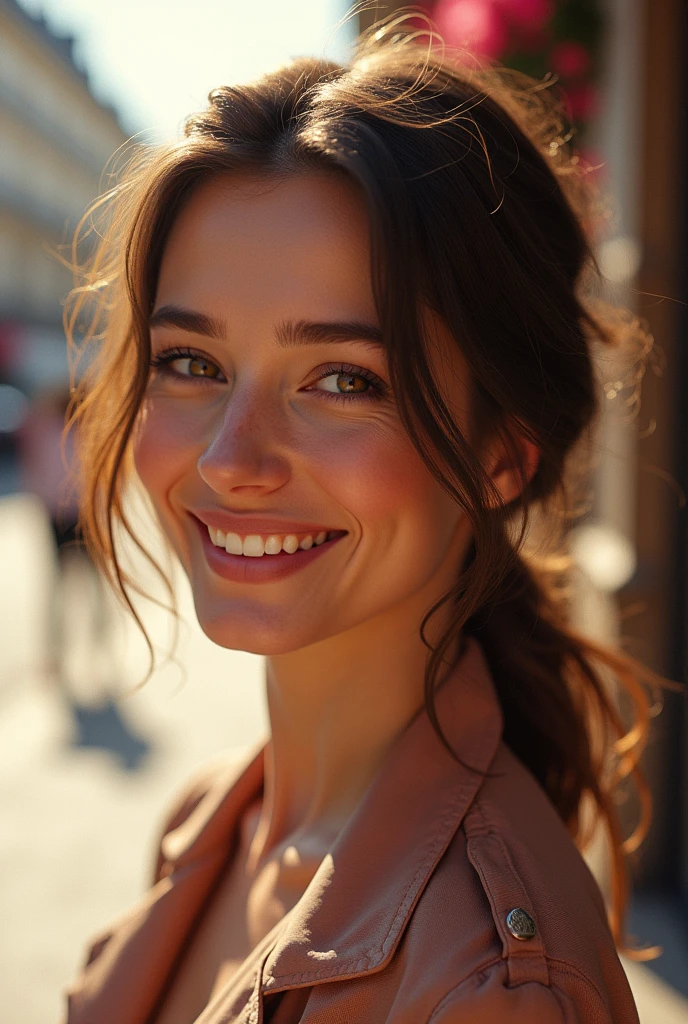 beautiful woman, photorealistic, in paris, soft lighting, vibrant colors, smiling