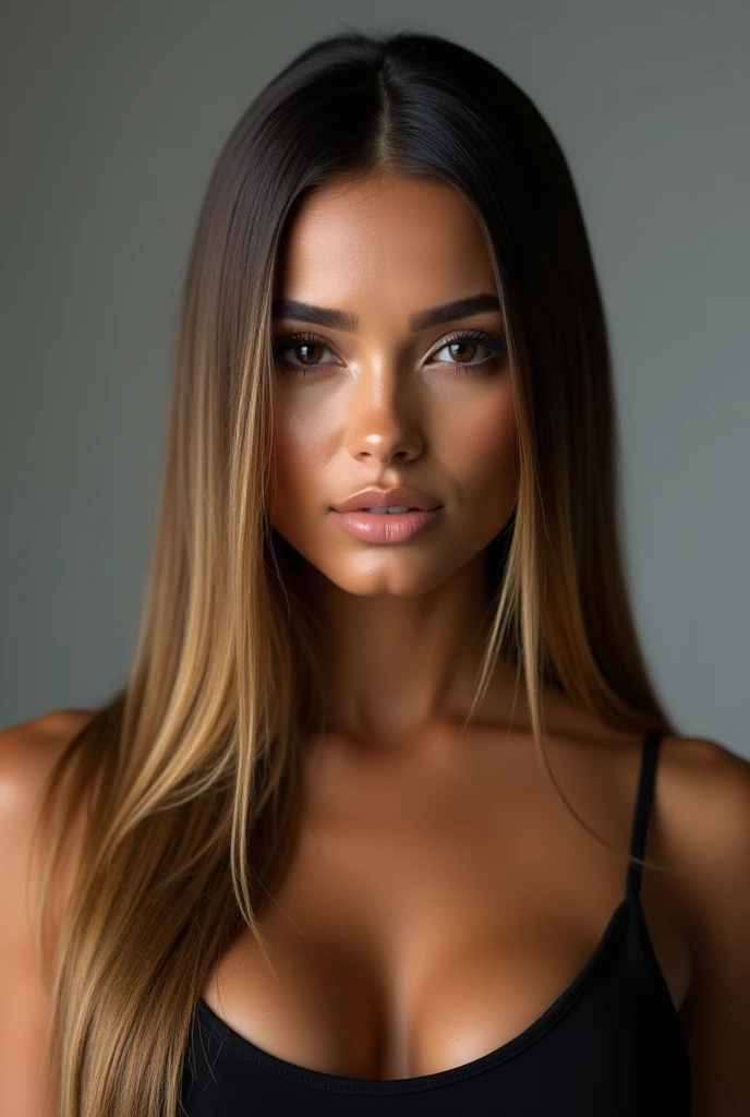a very realistic and detailed close up portrait of beautiful latina woman, black skirt, perfect makeup, long sleek straight dark blonde hair, high quality, photorealistic, 8k, luxury, elegant, sophisticated, confident, studio lighting, cinematic, piercing eyes, full lips, sharp focus, olive skin