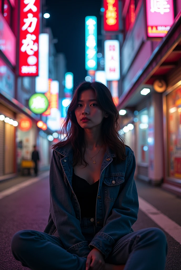 A woman sitting casually in a neon-lit
Tokyo street at night, surrounded by
vibrant signage in Japanese. Use an
underexposed background with the
subject lit predominantly by the neon
glow, creating dramatic contrasts. A
Canon EOS R5 with a fast lens would
capture the vibrant colors and high
energy of the scene. The style merges
Cyberpunk with Street Photography,
with a hint of Harajuku fashion culture