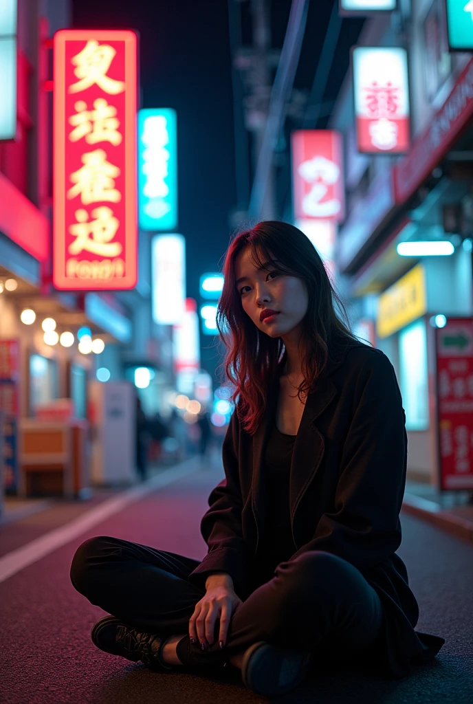 A woman sitting casually in a neon-lit
Tokyo street at night, surrounded by
vibrant signage in Japanese. Use an
underexposed background with the
subject lit predominantly by the neon
glow, creating dramatic contrasts. A
Canon EOS R5 with a fast lens would
capture the vibrant colors and high
energy of the scene. The style merges
Cyberpunk with Street Photography,
with a hint of Harajuku fashion culture
