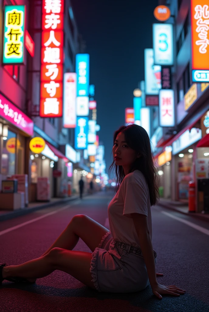 A woman sitting casually in a neon-lit
Tokyo street at night, surrounded by
vibrant signage in Japanese. Use an
underexposed background with the
subject lit predominantly by the neon
glow, creating dramatic contrasts. A
Canon EOS R5 with a fast lens would
capture the vibrant colors and high
energy of the scene. The style merges
Cyberpunk with Street Photography,
with a hint of Harajuku fashion culture