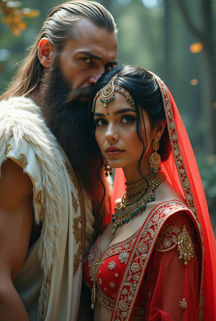 Indian bride in red bra and odin is in white vest