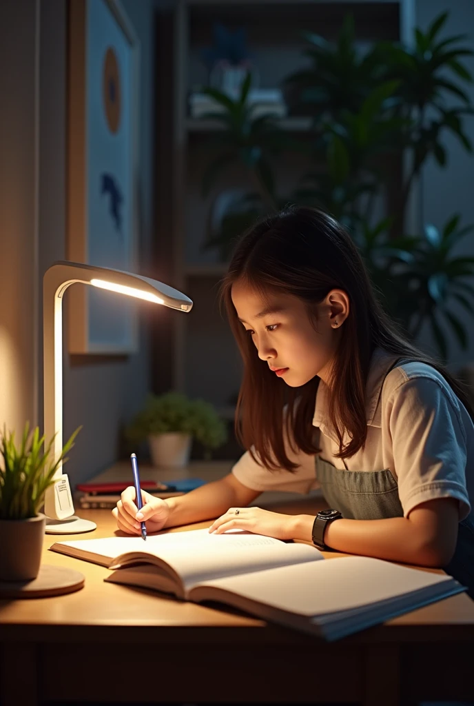 Girl studying in using this Desk Lamp Table with the long rectangle type Lamp 3 Color Dimming Lamp Desk Light with Fan Work And Study Light