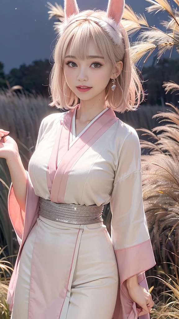 (Ultra high definition,Very sophisticated,Perfect Face,Age is 16,Highest quality,Realistic raw texture,Realistic,Natural smile,Pink platinum blonde,Sexy hairstyle:1.5),(Slender and exquisite physique,Stylish thin eyebrows:1.2),(see through,Japanese clothing,Japanese twelve-layered kimono,Bunny ears:1.4),(perfect body,perfect proportion,The torso is short,Red full moon and silver grass background,Time: Night:1.3),