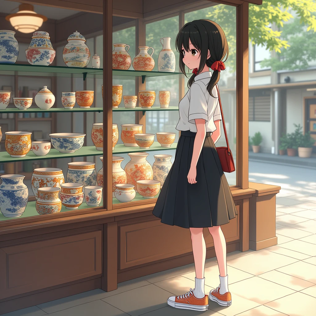Anime Style, Realistic Background, Beautiful views.
A girl looking at ceramics, Place your hands in front of your thighs.
She is wearing a cute decorated white collarless blouse, Casual clothes, Short sleeve. mid black flare skirt, Wearing white knee-high socks, Wearing sneakers. not school uniform,
Her hair style is low twintails with red ribbons, very long length and black, low pigtails.
bag, Late teens, Small breasts, Has dark brown eyes.
trip, Japanの陶磁器, Kutani ware ceramics, dish, Bowl, Cup, shop, indoor, Japan, Glass Door, street,
Summer vacation, Daytime, from side, The upper body is shown large.