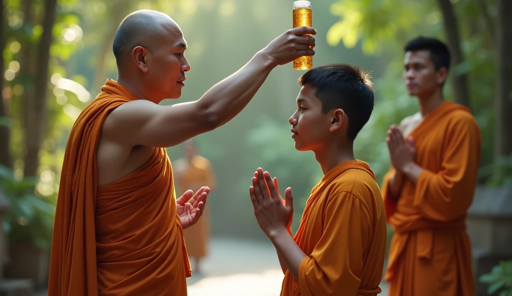 A Thai monk holds a bottle of water over a young Cambodian man, and the young man salutes, closes his eyes, and two male friends stand behind him.