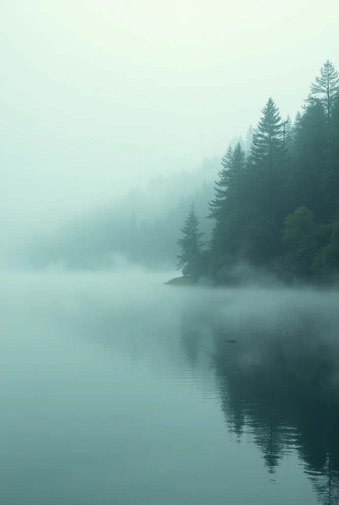 A lake with a forest in the background, light mist and fog around