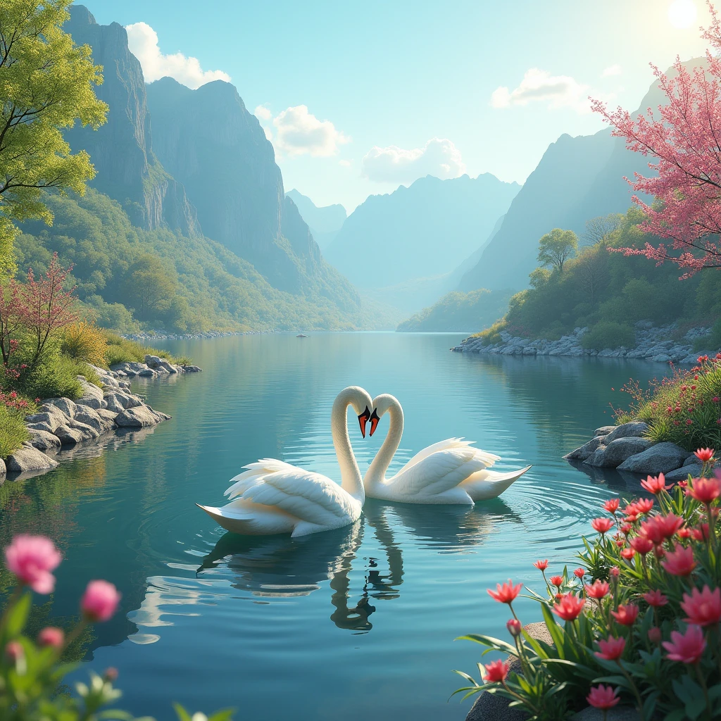 Ultra realistic image, landscape of nature, spring mode, a lake with colourfull vegetation and flowers beside, couple of swan make love shapes, mountain, and blue skys, sun, hd, 8k