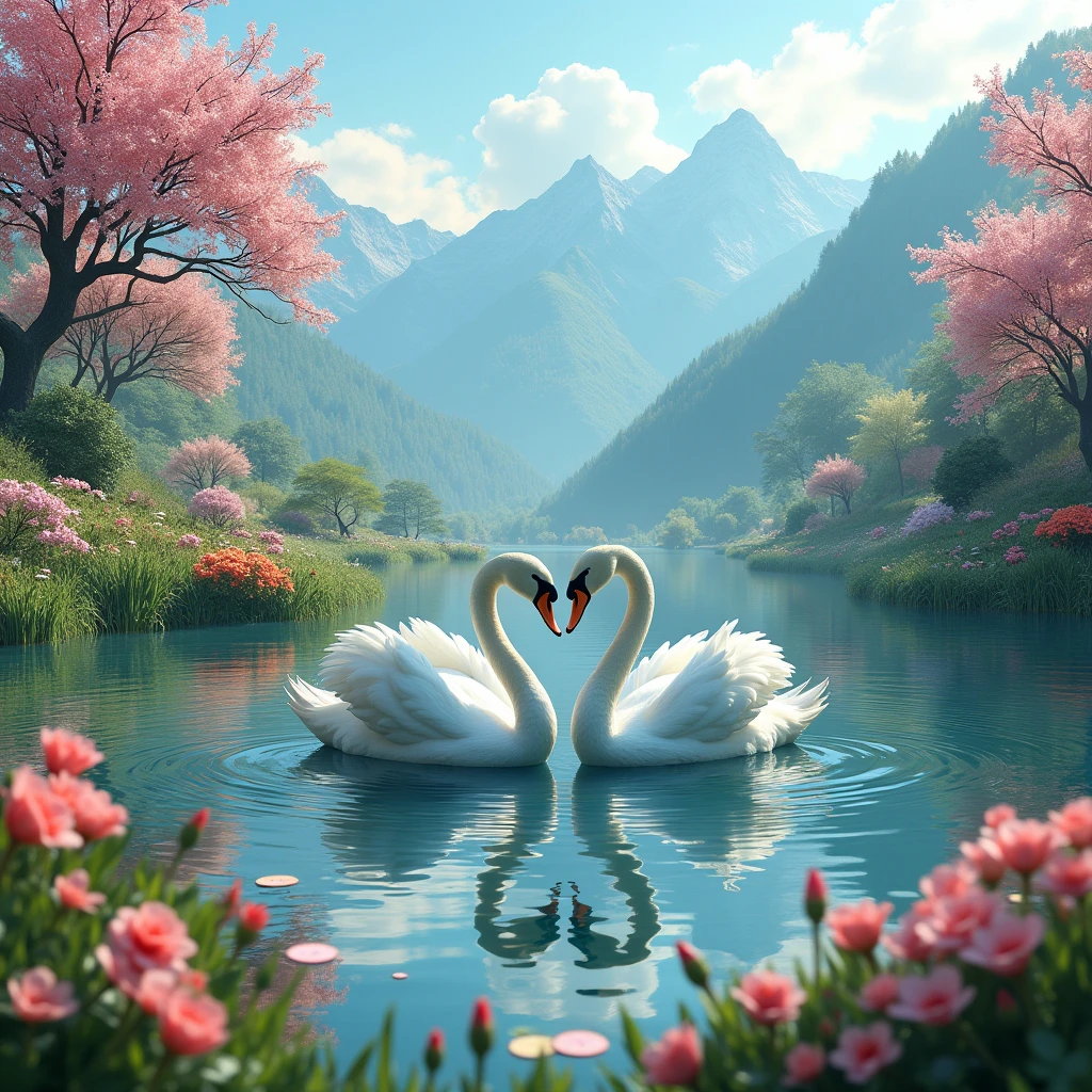 Ultra realistic image, landscape of nature, spring mode, a lake with colourfull vegetation and flowers beside, couple of swan make love shapes, mountain, and blue skys, sun, hd, 8k