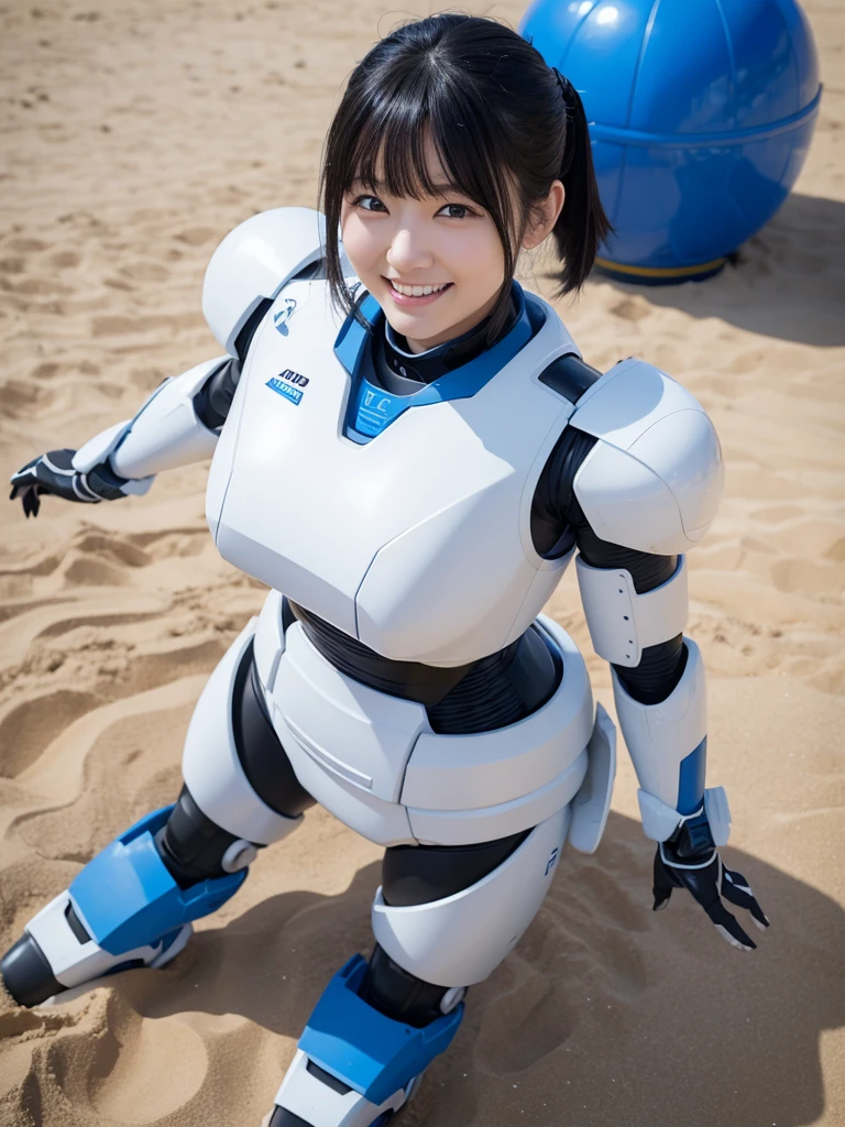 Japanese female android,Black Hair,White and blue robot suit,Plump,Playing in the sandbox at the park,smile