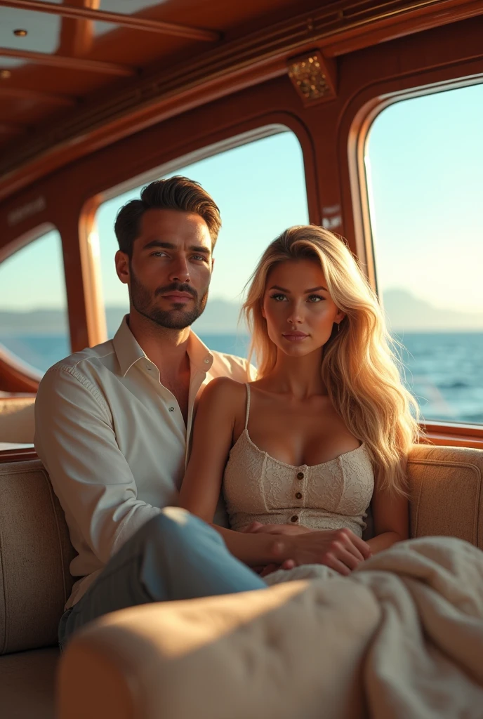 (Photorealism:1.2), man with brown hair and brown eyes along with a woman with blonde long hair and green eyes inside a yacht 8k ultra-realistic photorealistic super detailed