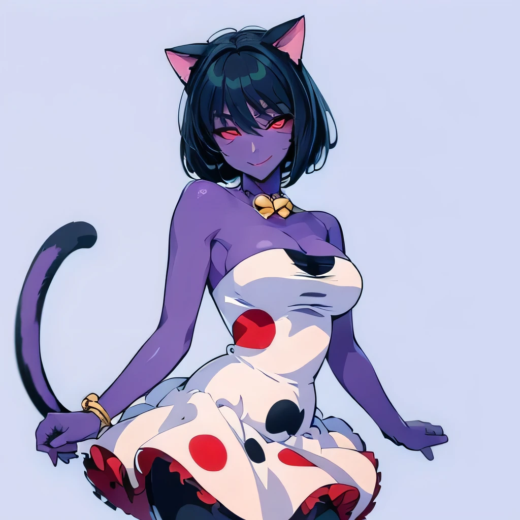 ((masterpiece,best quality,ultra-delicate,Perfect Face,16k,high resolution,very beautiful girl)), purple skin, cat ears, cat tail,
polka dots pattern white strapless dress, polka dots pattern white tights, black short hair, red eyes, large breasts, cute smile,cowboy shot