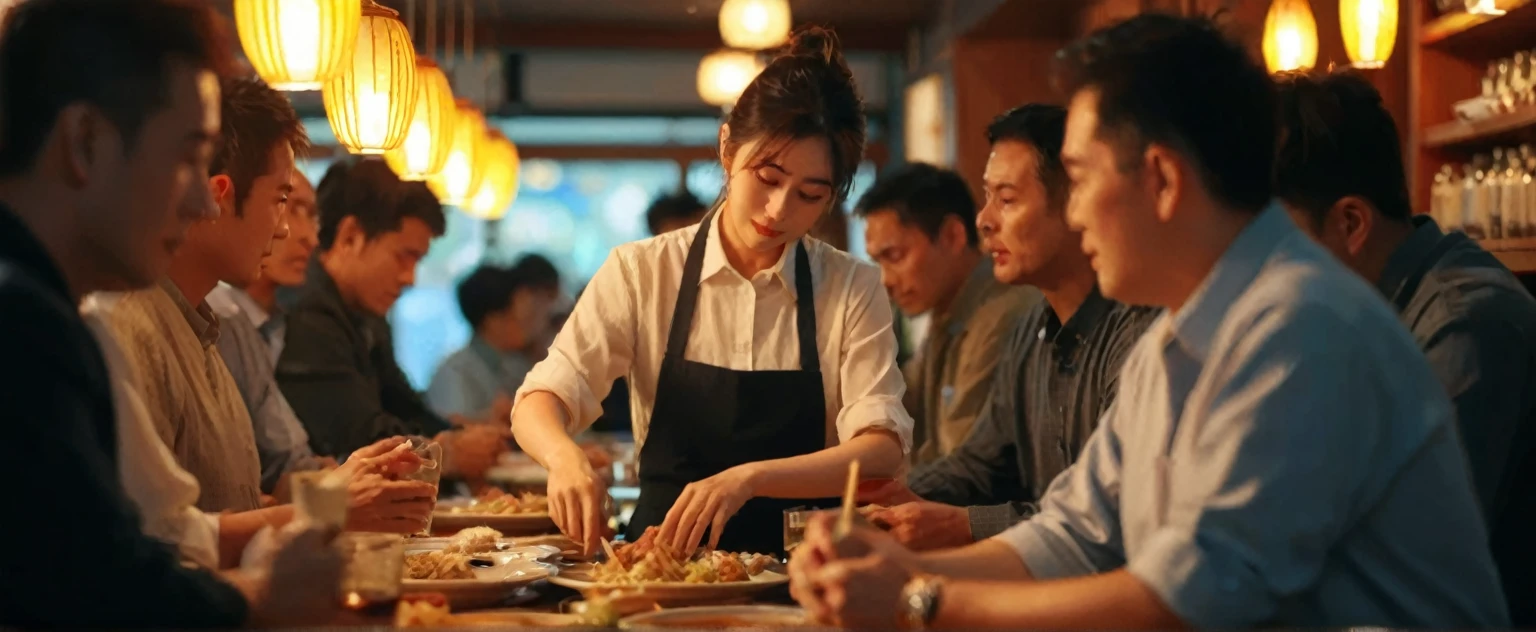 Several people sitting at a table with plates of food and drink, Japanese Izakaya, A female office worker is serving food、food commercial 4k, For plates in a busy dining room, Taking pictures secretly, Artwork, Stylized, Movie screenshots, subtle details, Movie stills, People eating in the restaurant, Advertising Photography