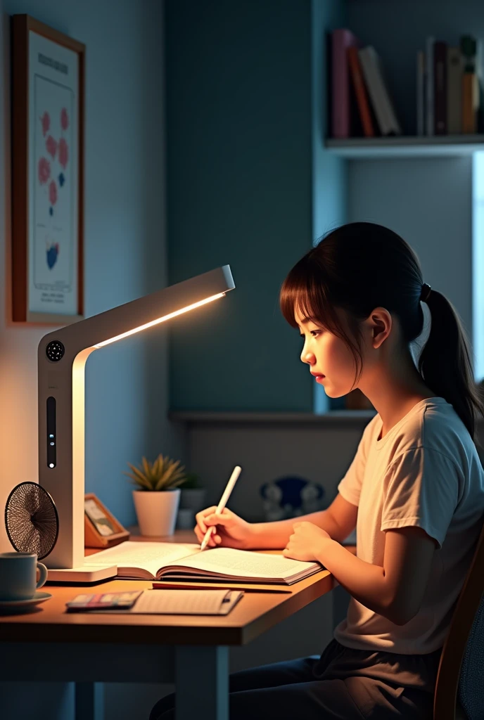 Girl studying in using this Desk Lamp Table with the long rectangle type and also a pen holder Lamp 3 Color Dimming Lamp Desk Light with Fan Work And Study Light