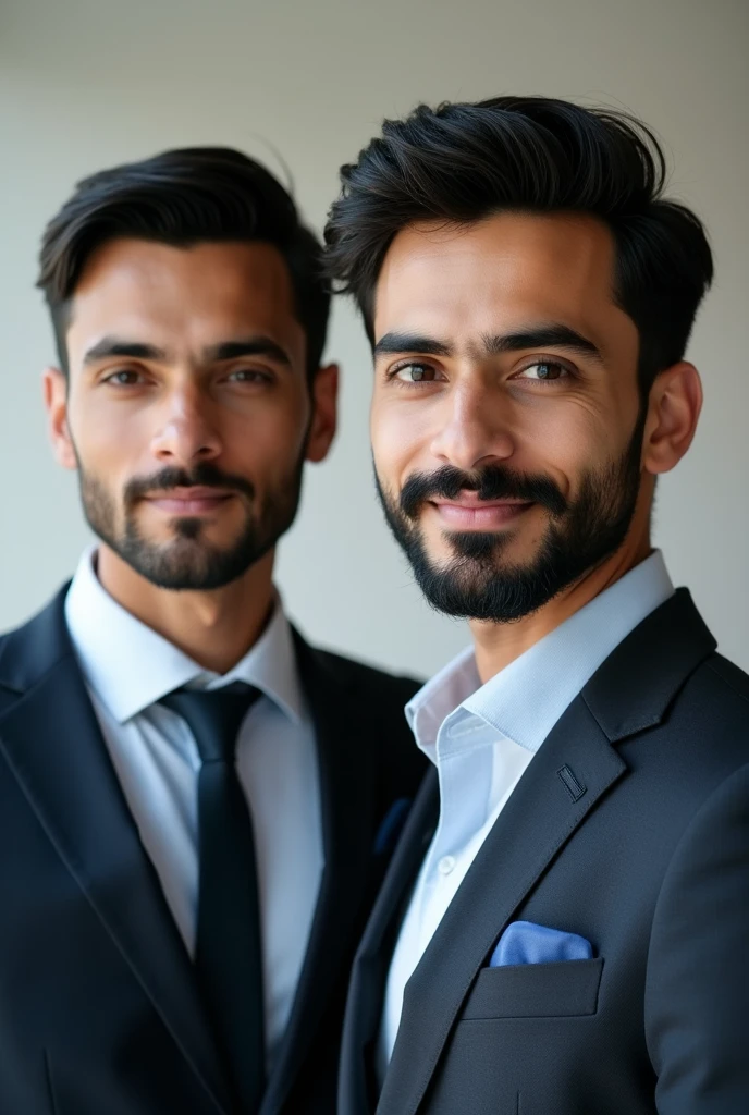 2 Pakistani boy with fair beared skin and narrow body posing for a LinkedIn picture in formals