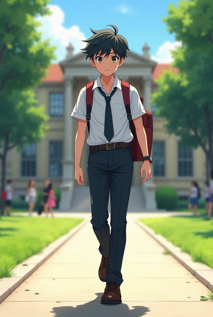 A anime school boy leg walking