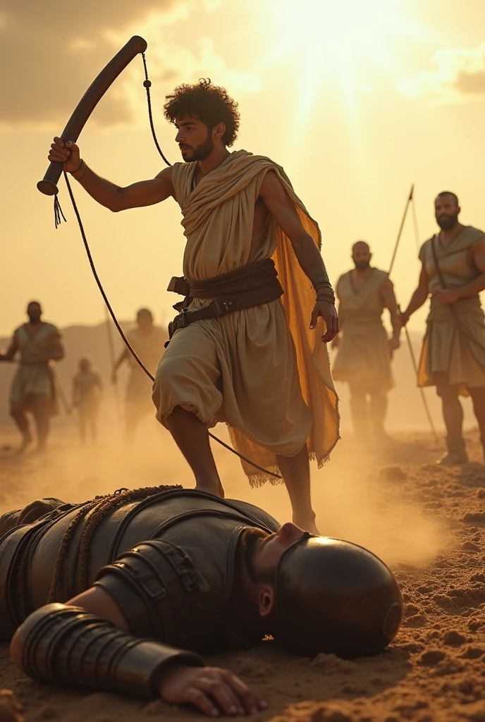 David with the stone and sling in his hand defeating the giant Goliath