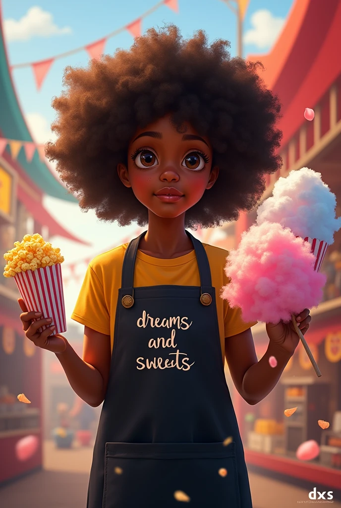 In the black apron ,the writing in the middle written in Portuguese DREAMS AND SWEETS the image of the curly-haired afro holding the bag of popcorn and cotton candy and underneath my initials DXS
