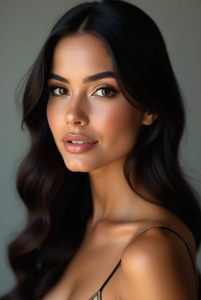 a very realistic and detailed close up portrait of beautiful latina girl, black skirt, perfect makeup, long sleek straight dark hair, high quality, photorealistic, 8k, luxury, elegant, sophisticated, confident, studio lighting, cinematic, piercing eyes, full lips, sharp focus, olive skin 