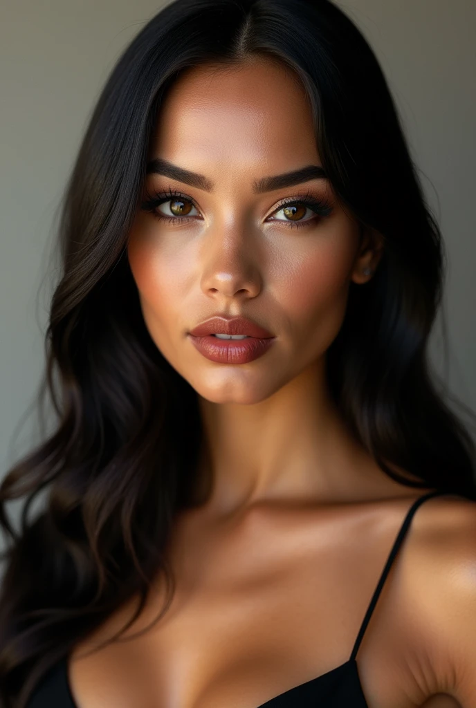 a very realistic and detailed close up portrait of beautiful latina girl, black skirt, perfect makeup, long sleek straight dark hair, high quality, photorealistic, 8k, luxury, elegant, sophisticated, confident, studio lighting, cinematic, piercing eyes, full lips, sharp focus, olive skin