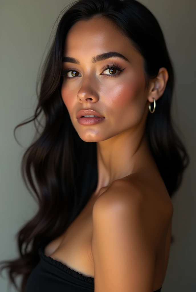 a very realistic and detailed close up portrait of beautiful latina girl, black skirt, perfect makeup, long sleek straight dark hair, high quality, photorealistic, 8k, luxury, elegant, sophisticated, confident, studio lighting, cinematic, piercing eyes, full lips, sharp focus, olive skin