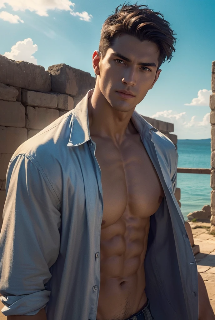 a tall handsome muscular man, solo, extremely detailed face and body, (shiny smooth skin), hot glow in his skin, perfect facial features, beautiful eyes, short hairstyle, sexy gaze, looking at the viewer romantically, explorer, explorer's clothes, ancient ruins, big lake, cloudy sky, lush nature, (best quality,4k,8k,highres,masterpiece:1.2),ultra-detailed,(realistic,photorealistic,photo-realistic:1.37),dramatic lighting,vibrant colors,cinematic composition